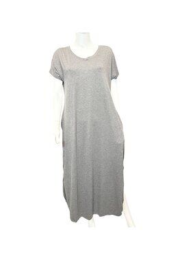 Womens Casual Maxi Dress 2XL Grey Cotton Blend Short Sleeve Pockets Side Slit